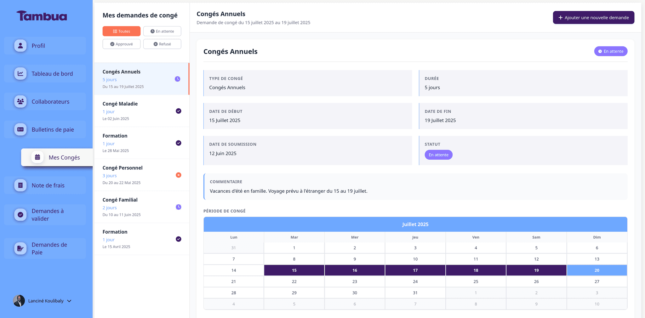 Interface de gestion des congés Tambua
