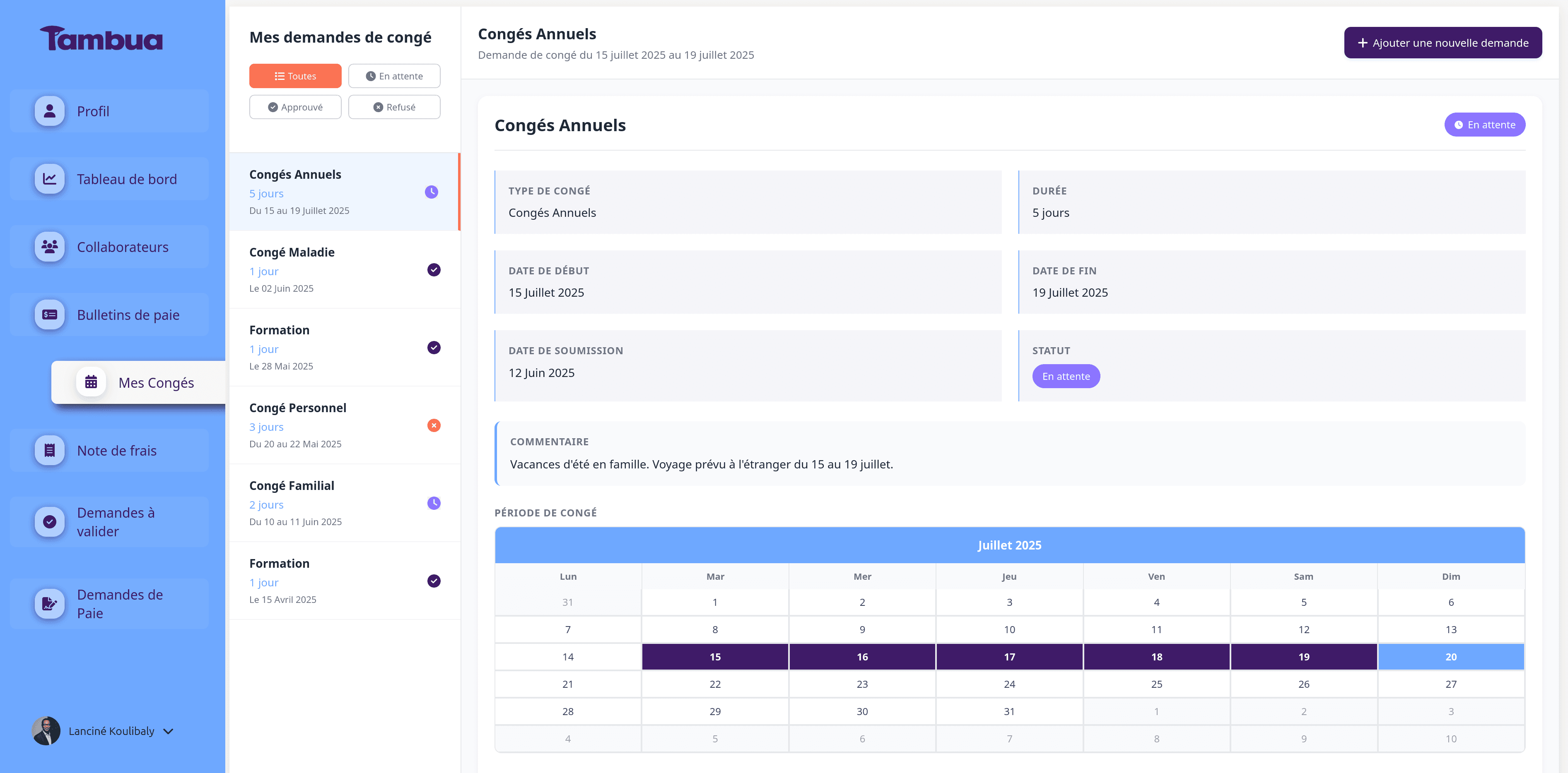 Interface de gestion des congés Tambua