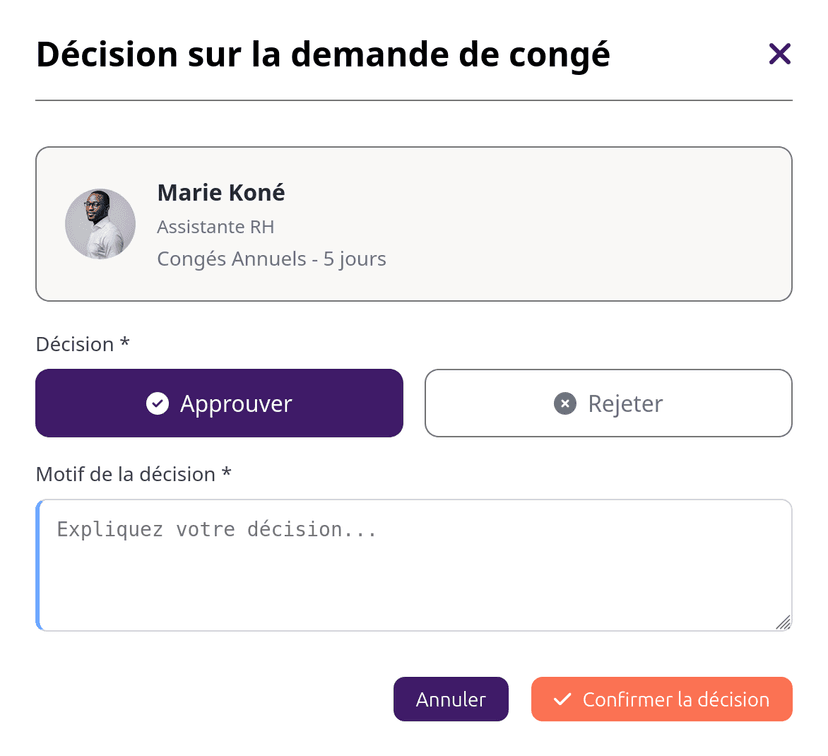 Interface de validation manager