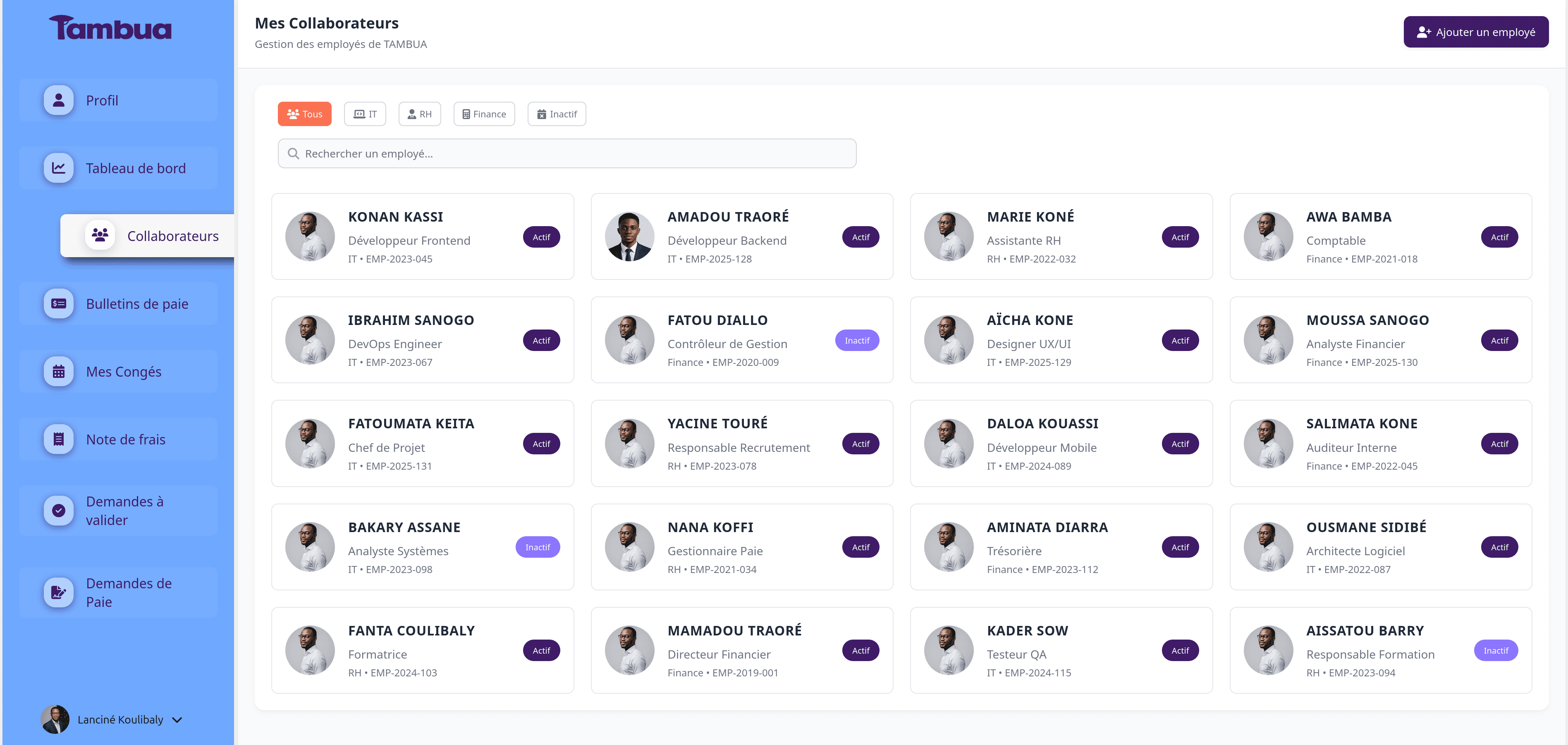 Interface de gestion du personnel Tambua