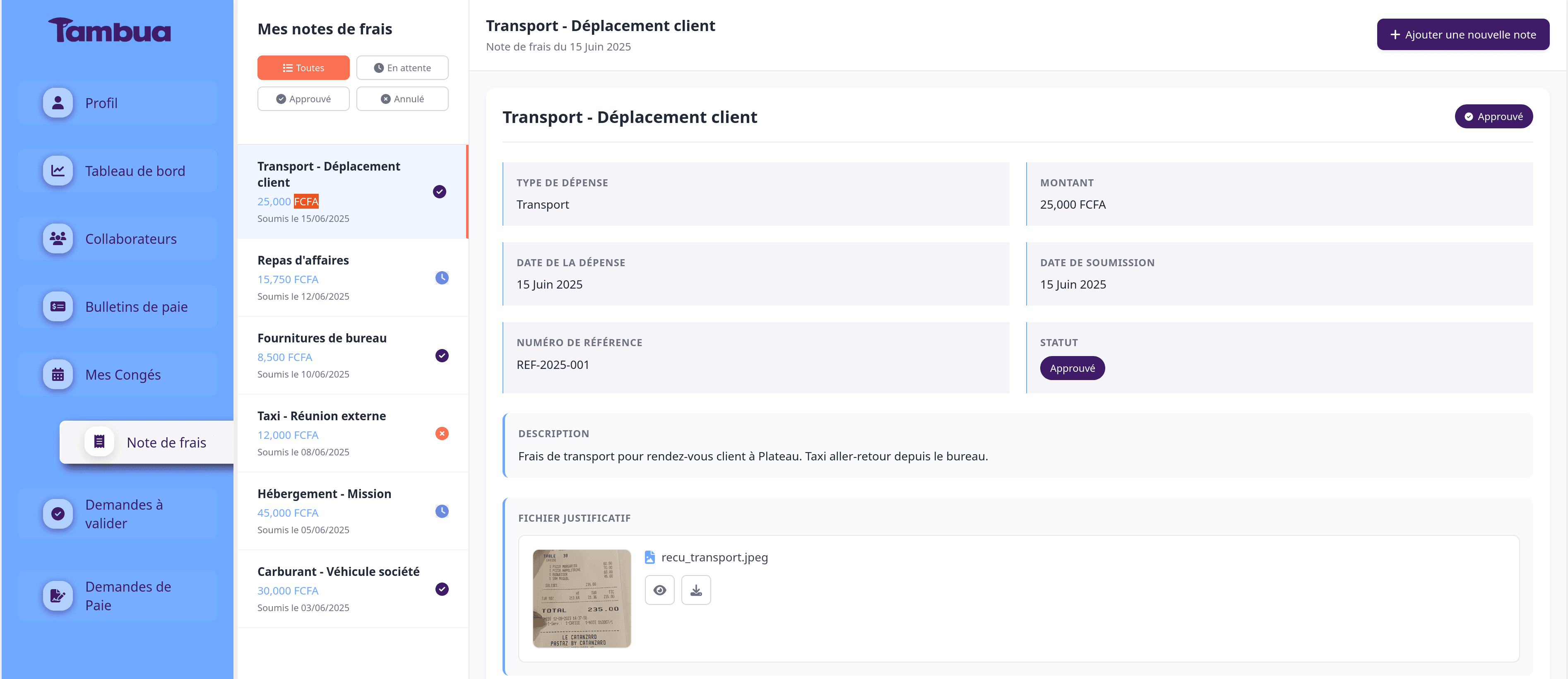 Interface complète de gestion des notes de frais