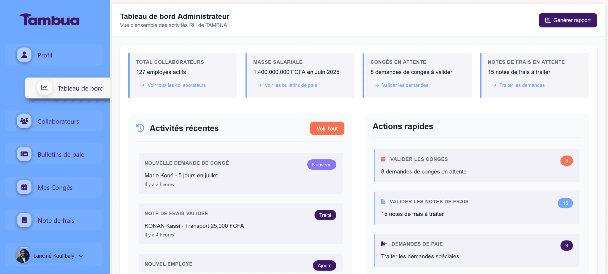 Interface de gestion de paie Tambua