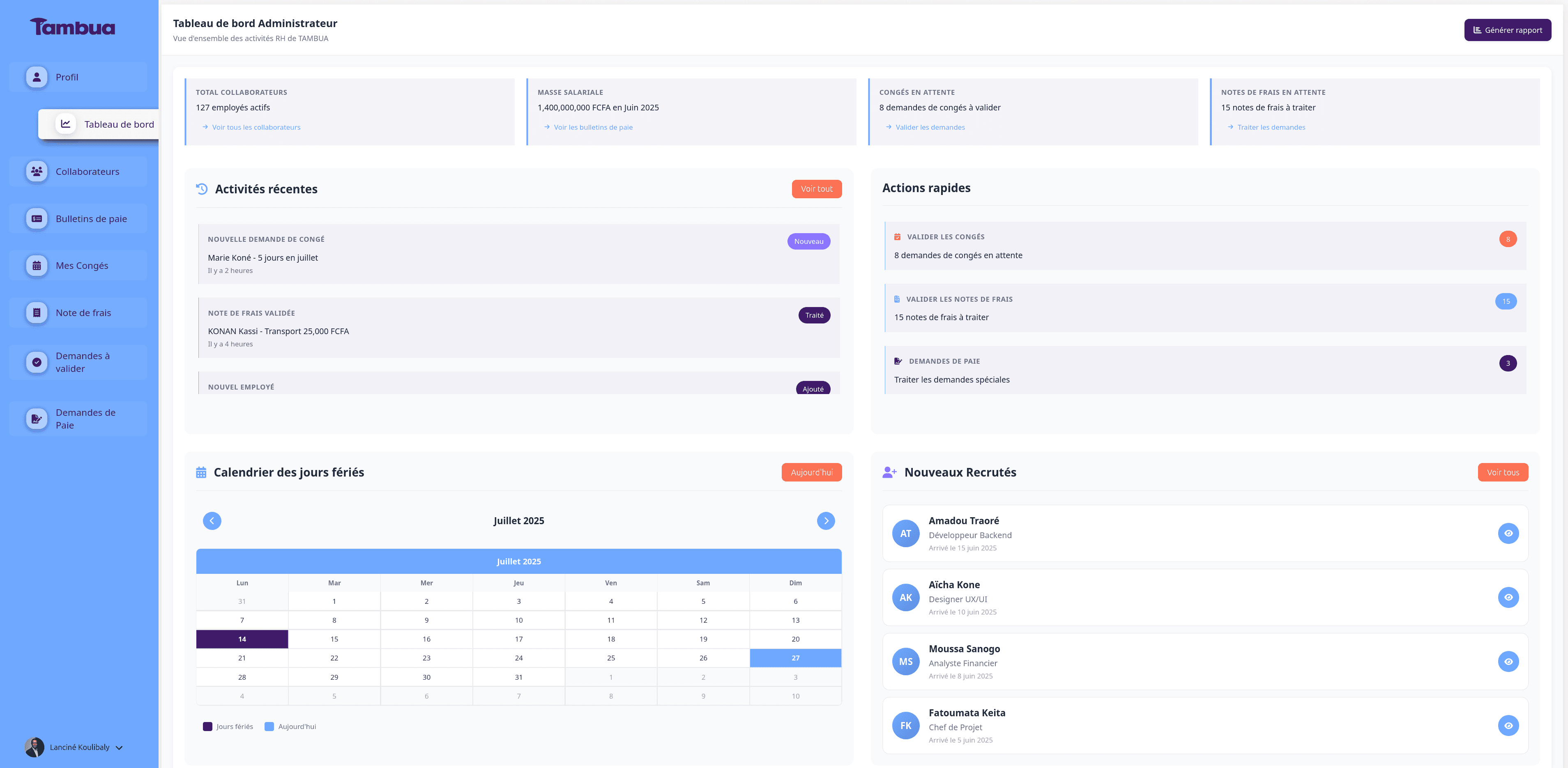 Interface du tableau de bord RH Tambua